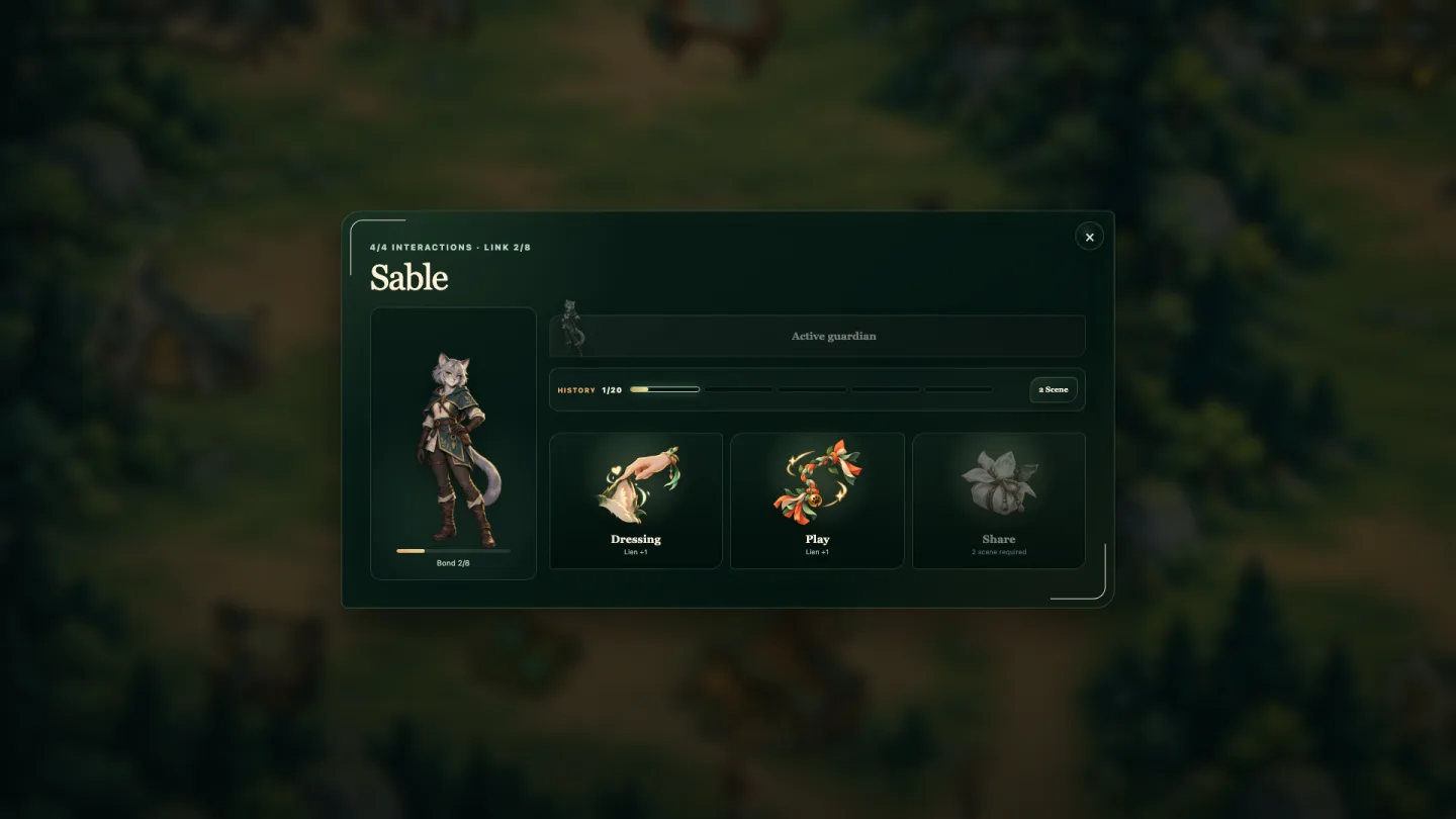 A safe character bond interaction with Sable inside the Haven