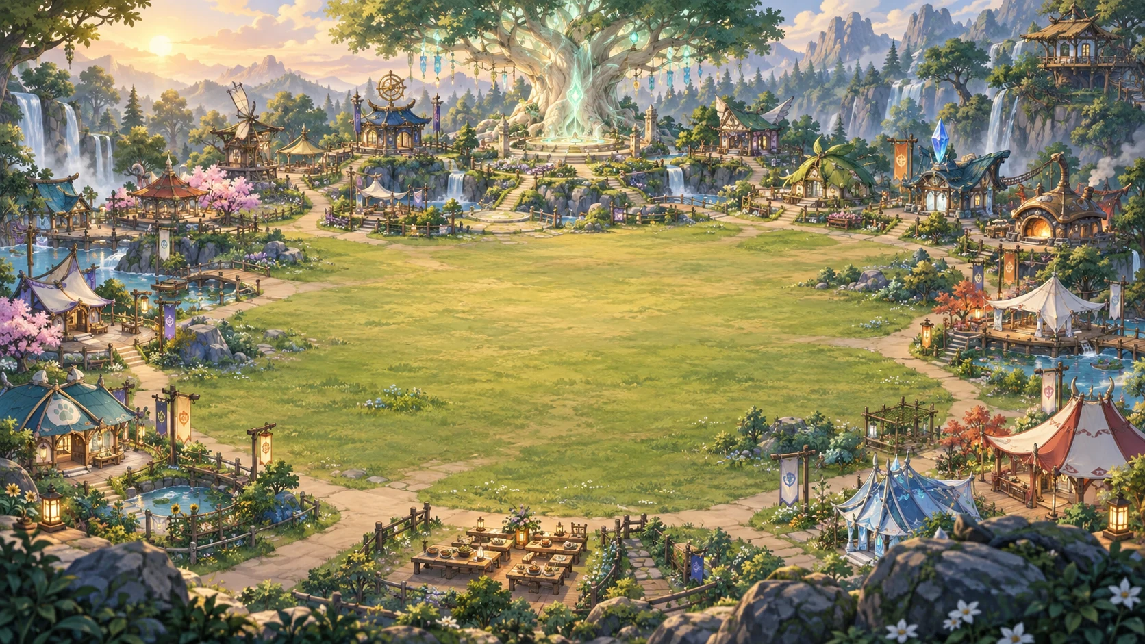 A thriving Chimera Haven surrounded by waterfalls and clan houses in daylight